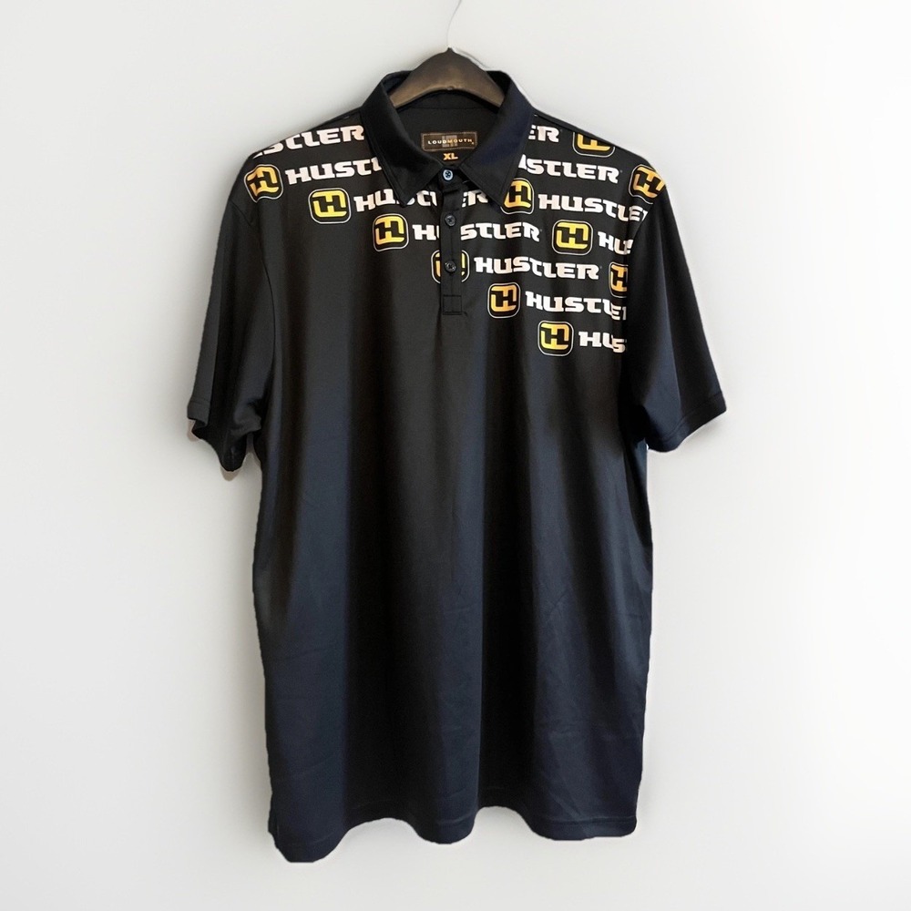 Loudmouth Polo Shirt Mens XL Black Hustler Logo Print Golf Performance Polyester